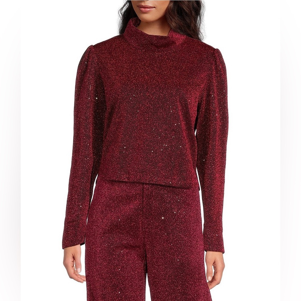 Buru S Mod Woven Metallic Mock Neck Long Puffed Sleeve Cropped Coordinating Top